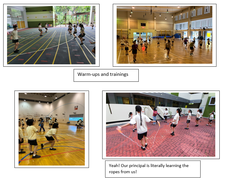 Four photos show students doing warm-ups and jump rope training in school gyms and an outdoor courtyard.